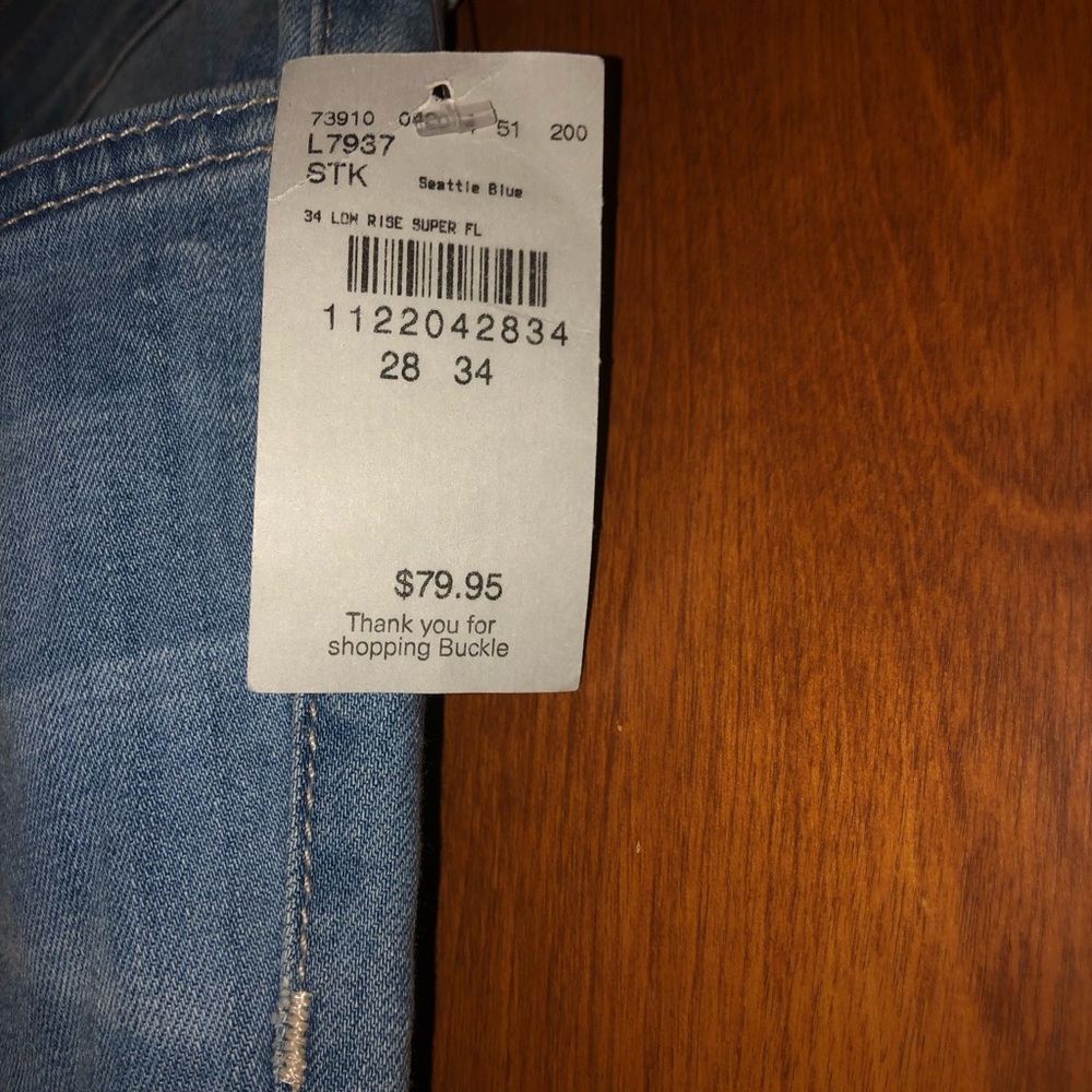 The Buckle Flying monkey Low Rise patchwork super Flare Jeans. Size 28/34. NWT - Picture 6 of 11
